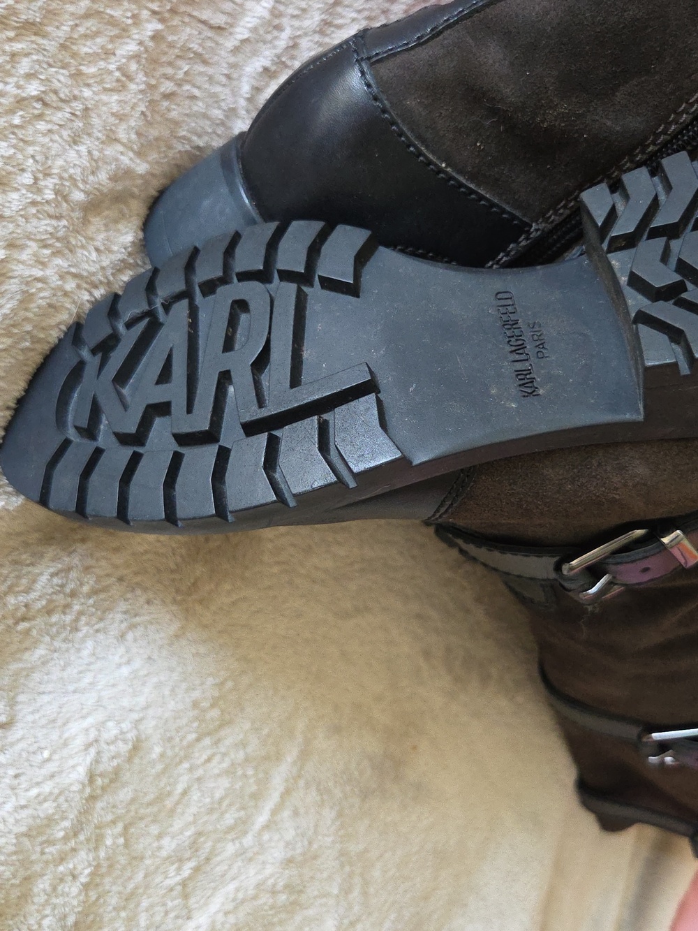 Karl Lagerfeld Over-the-Knee Leather Moto Boots in Dark Brown and Black - Picture 3 of 5
